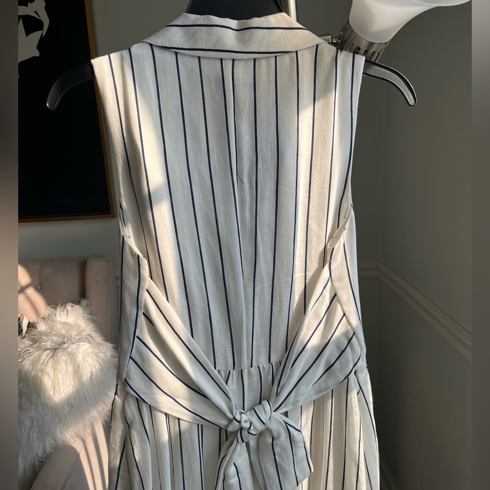 DKNY Womens White Belted Button Closures Striped Sleeveless  Midi Shirt Dress - Picture 9 of 11